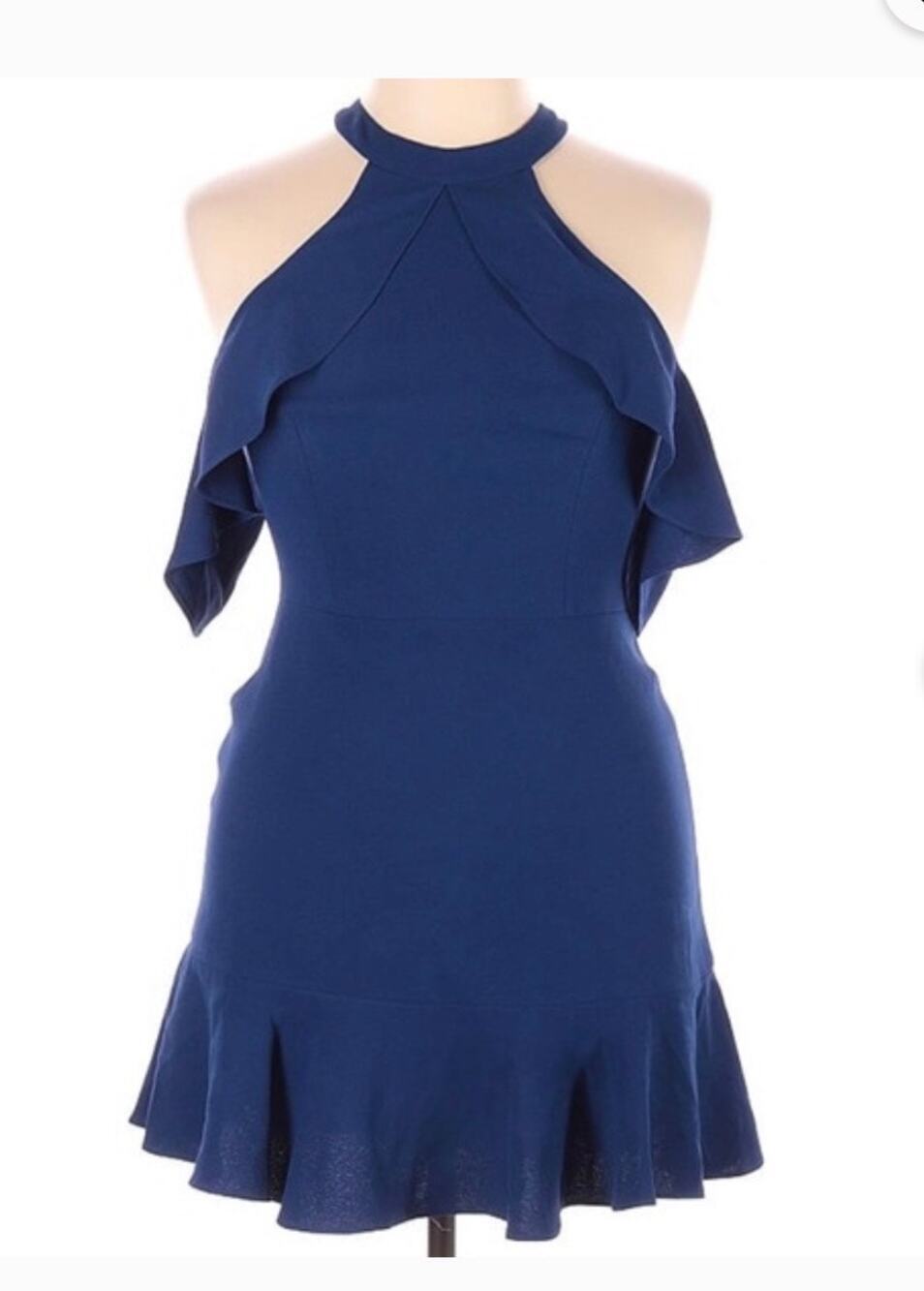Bcbg Max Azria ruffle cold shoulder halter neck navy Coctail dress Woman size 0.